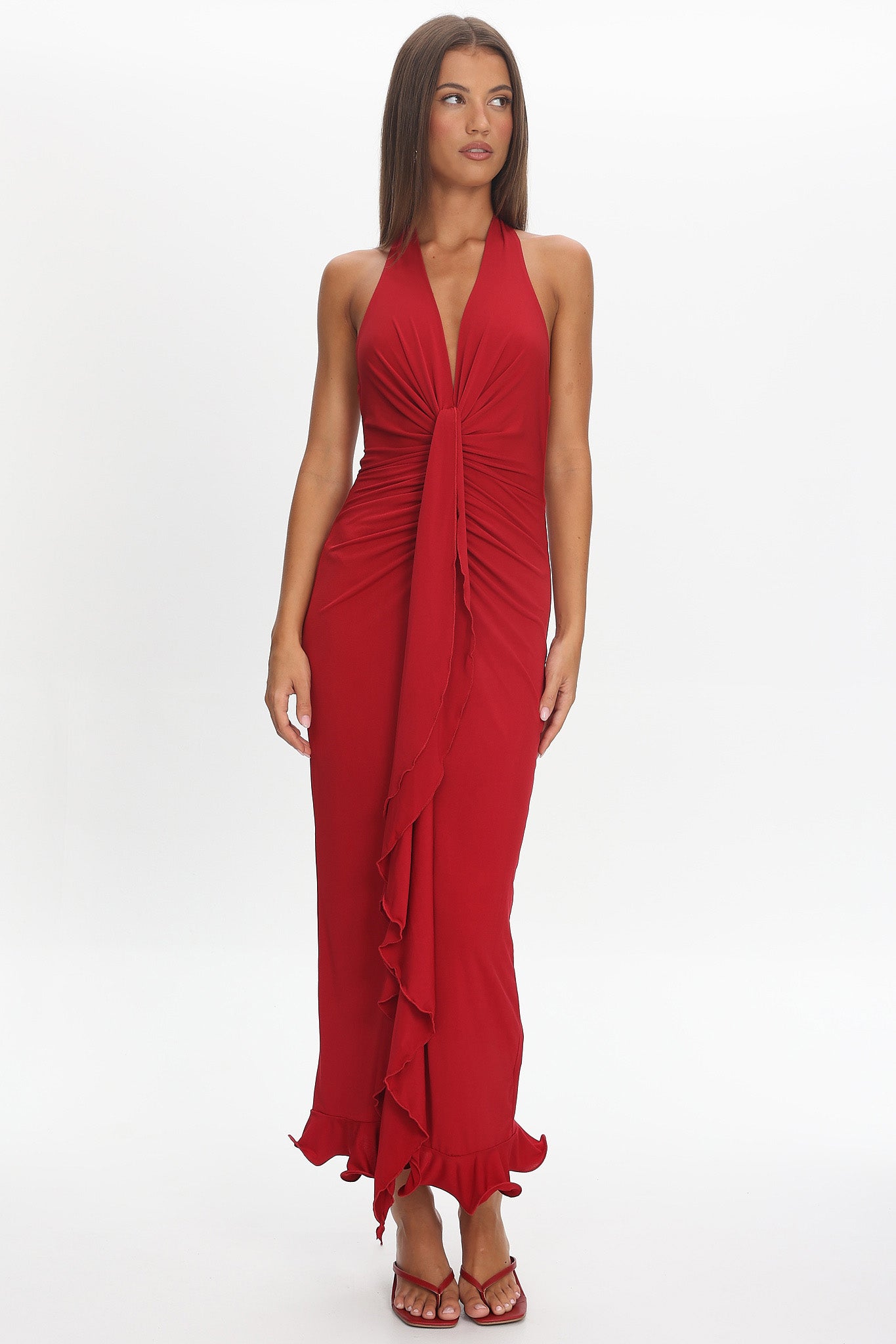 Ray Of Light Ruched Halterneck Maxi Dress Wine by Selfie Leslie Australia