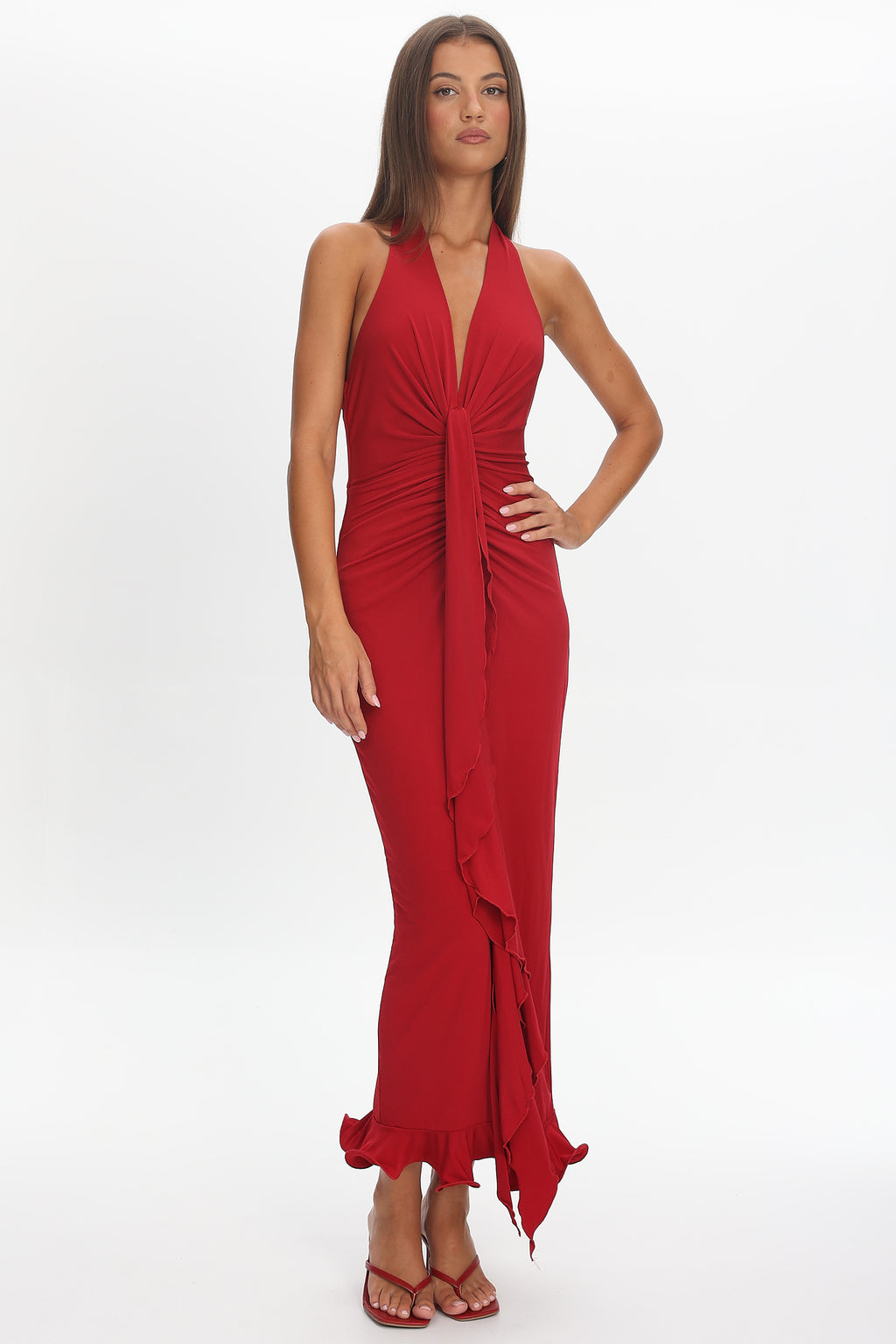 Ray Of Light Ruched Halterneck Maxi Dress Wine by Selfie Leslie Australia