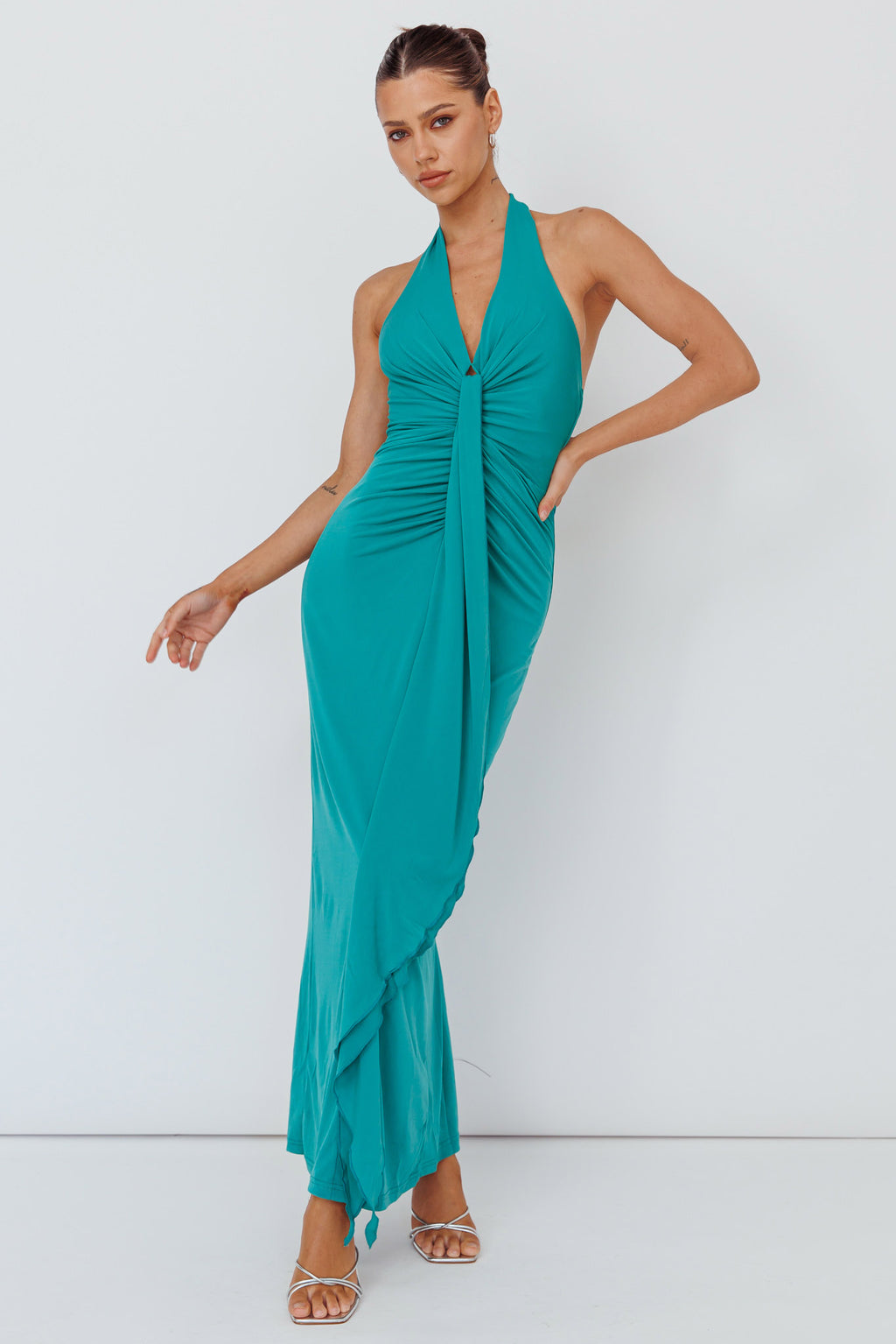 Ray Of Light Ruched Halterneck Maxi Dress Green by Selfie Leslie Australia