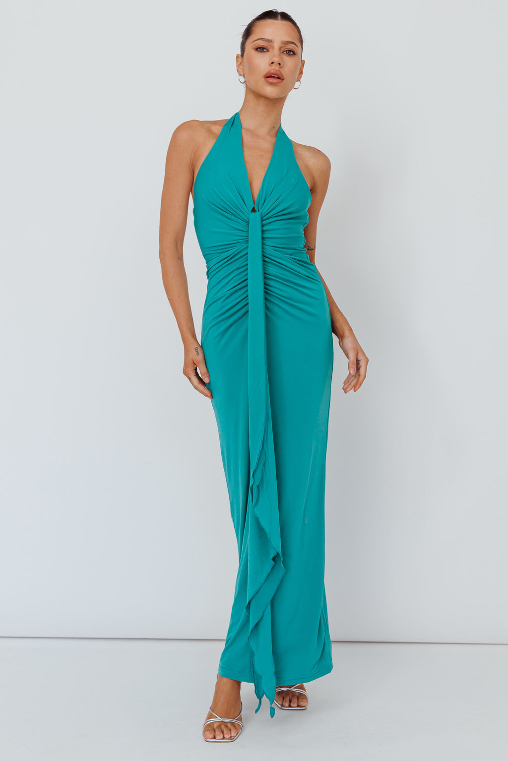 Ray Of Light Ruched Halterneck Maxi Dress Green by Selfie Leslie Australia
