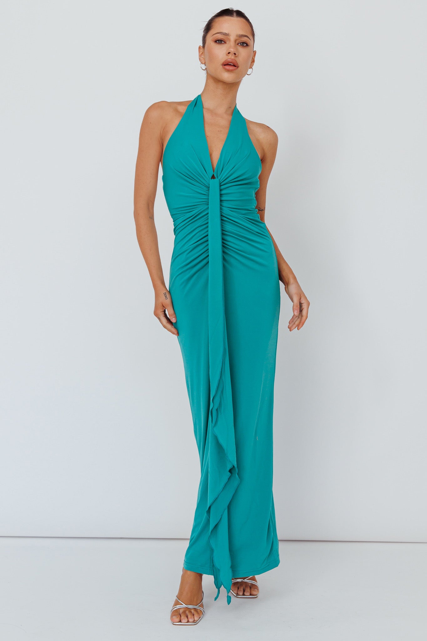 Ray Of Light Ruched Halterneck Maxi Dress Green by Selfie Leslie Australia