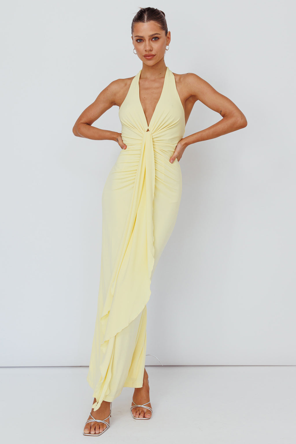 Ray Of Light Ruched Halterneck Maxi Dress Lemon by Selfie Leslie Australia