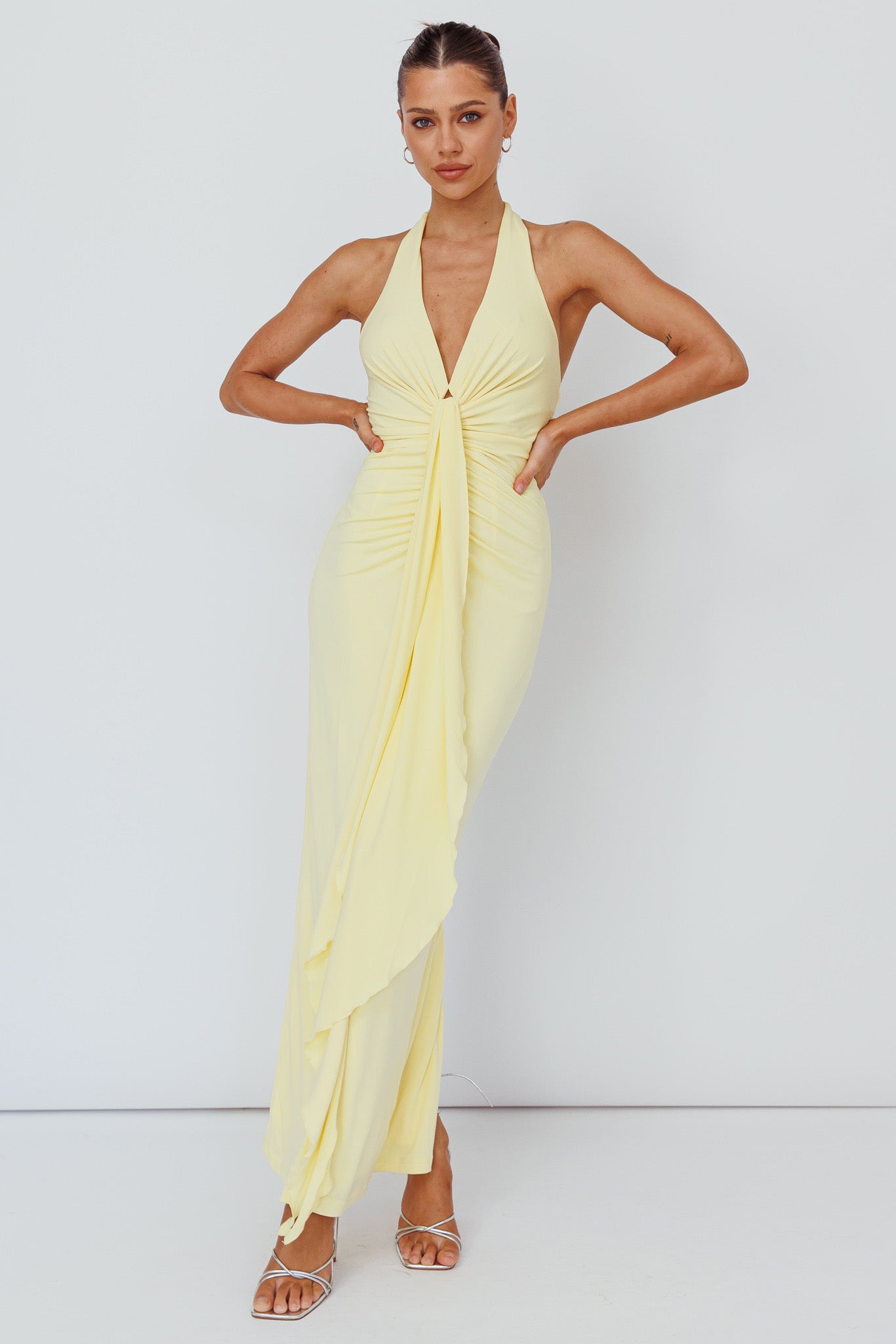 Ray Of Light Ruched Halterneck Maxi Dress Lemon by Selfie Leslie Australia