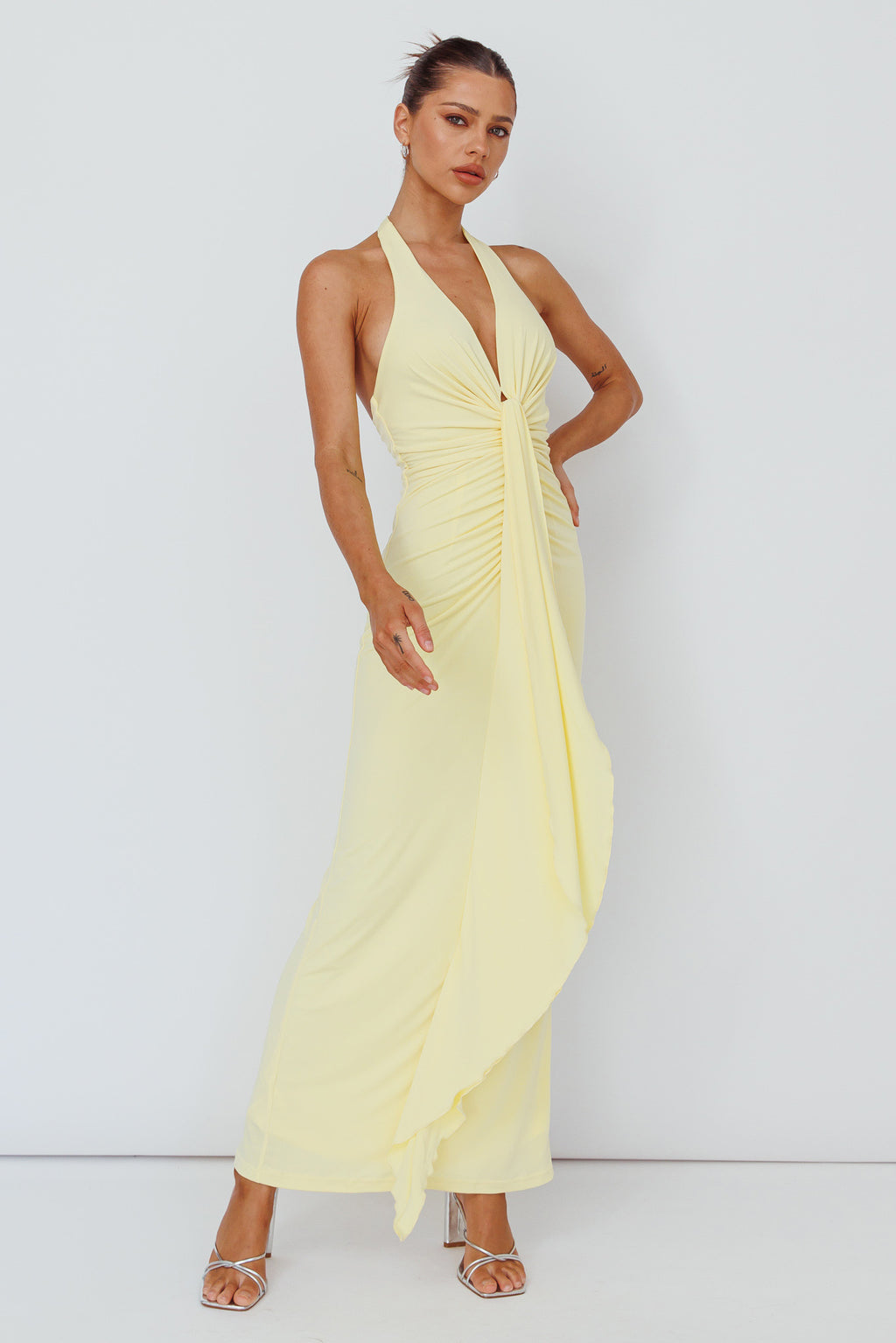 Ray Of Light Ruched Halterneck Maxi Dress Lemon by Selfie Leslie Australia