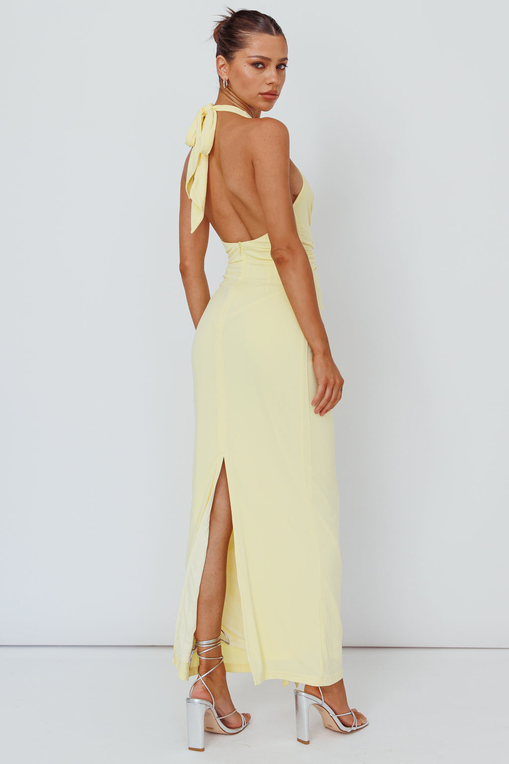 Ray Of Light Ruched Halterneck Maxi Dress Lemon by Selfie Leslie Australia