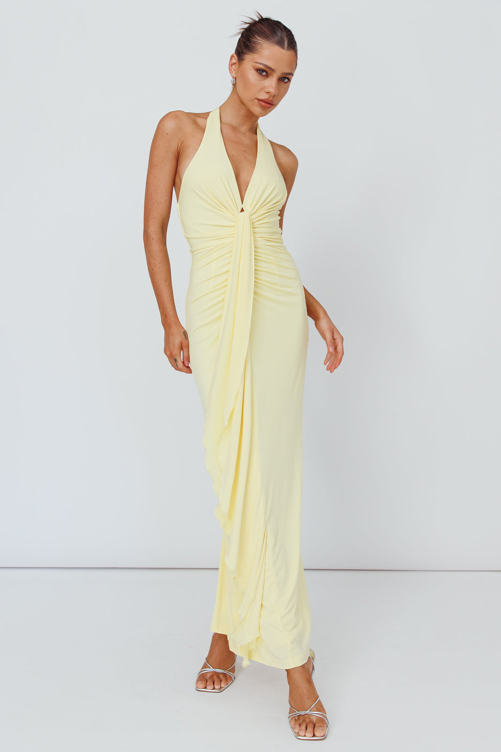 Ray Of Light Ruched Halterneck Maxi Dress Lemon by Selfie Leslie Australia