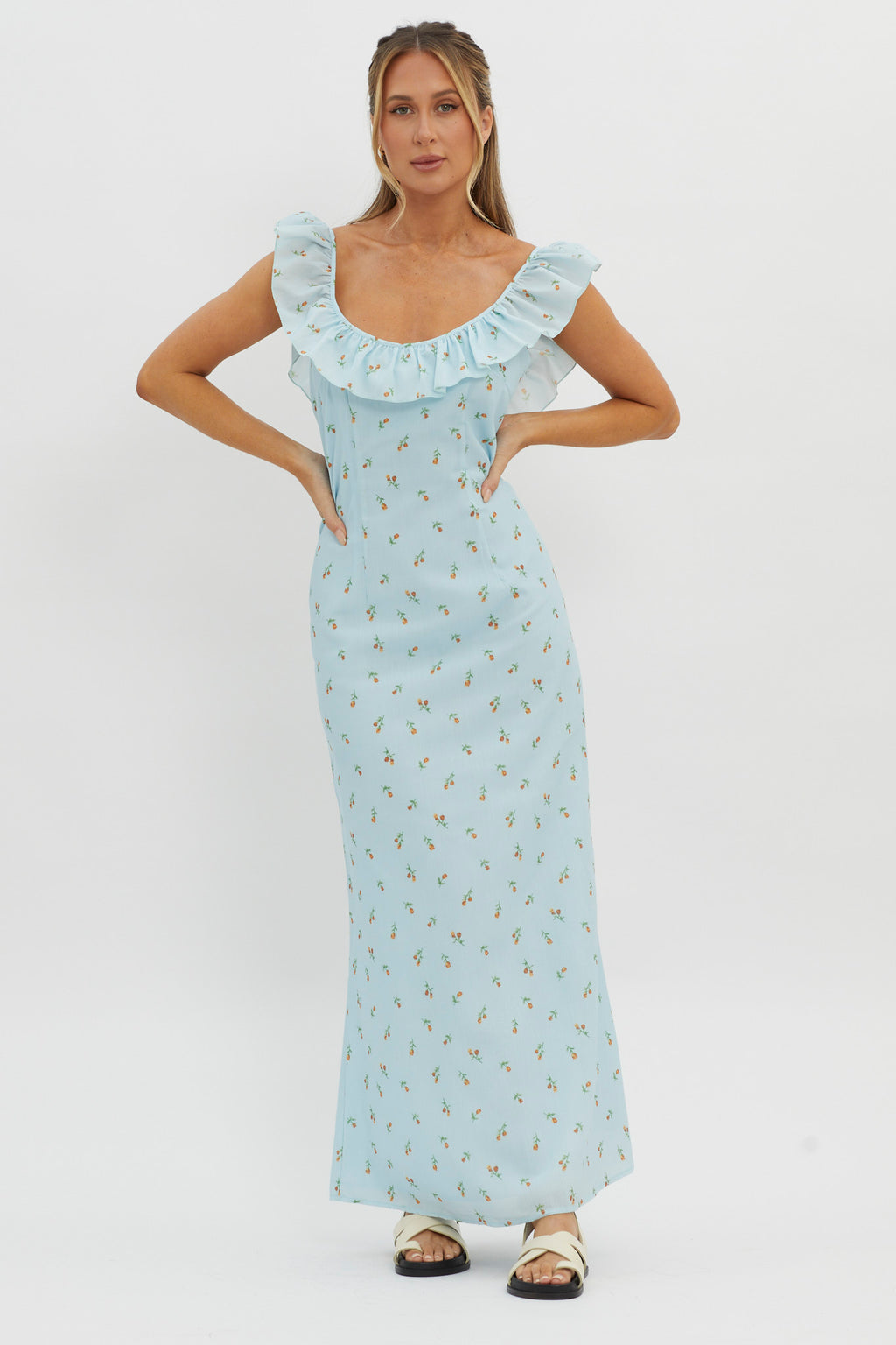 Merci Beaucoup Frill Neckline Maxi Dress Blue by Selfie Leslie Australia