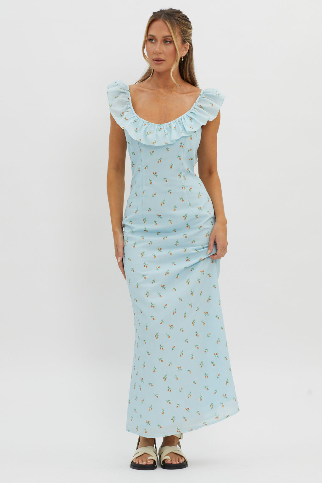 Merci Beaucoup Frill Neckline Maxi Dress Blue by Selfie Leslie Australia