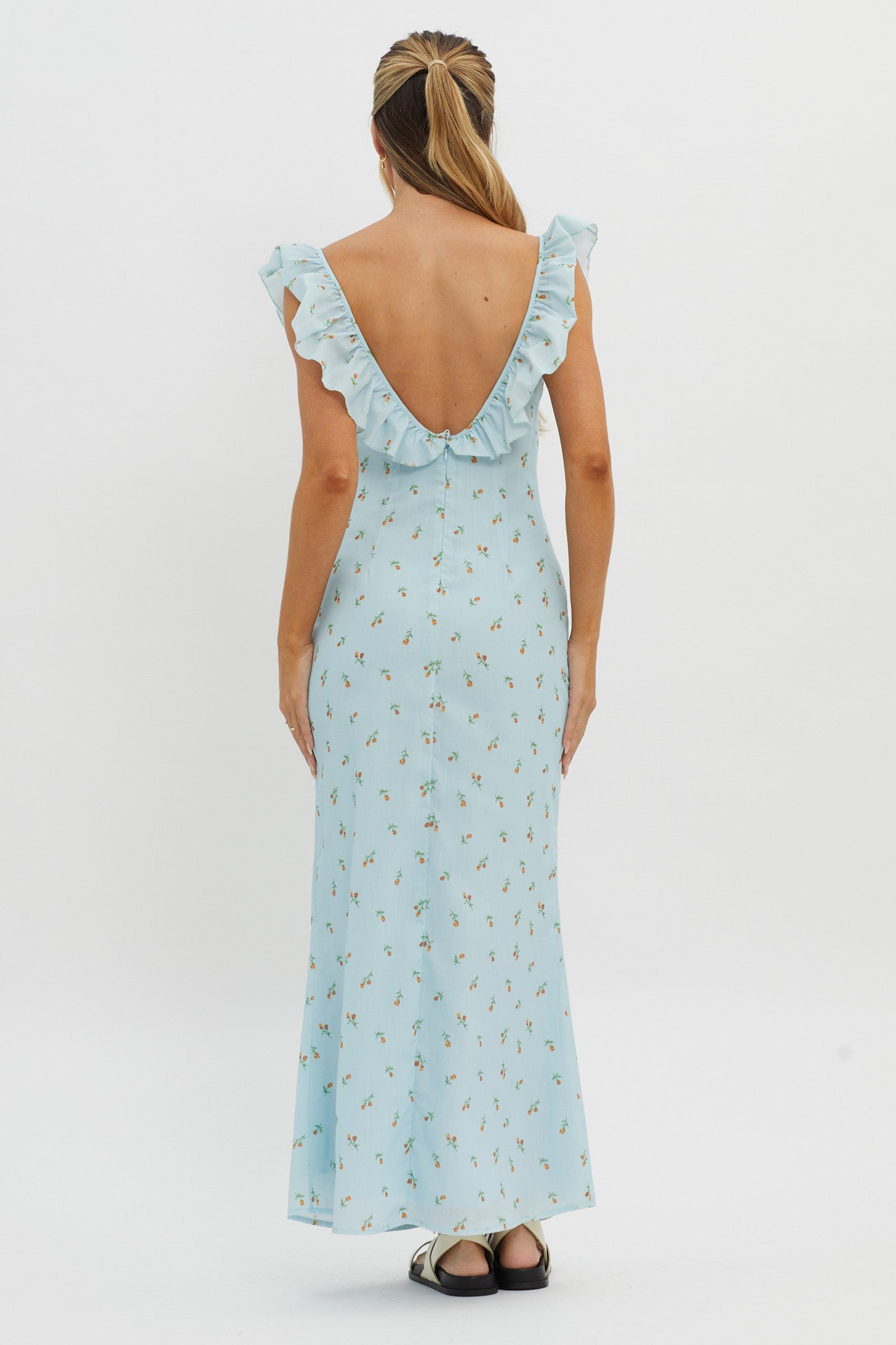Merci Beaucoup Frill Neckline Maxi Dress Blue by Selfie Leslie Australia