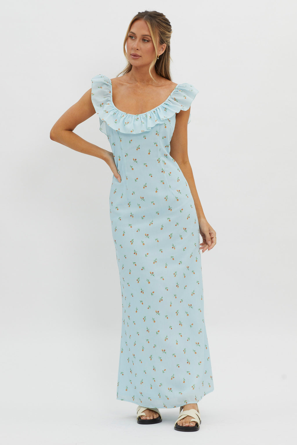 Merci Beaucoup Frill Neckline Maxi Dress Blue by Selfie Leslie Australia