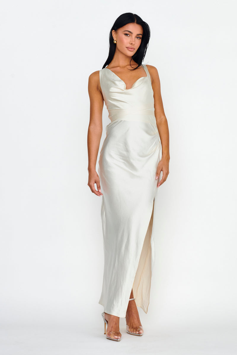Slow Burn Tied Shoulders Satin Maxi Dress Oyster main image 0