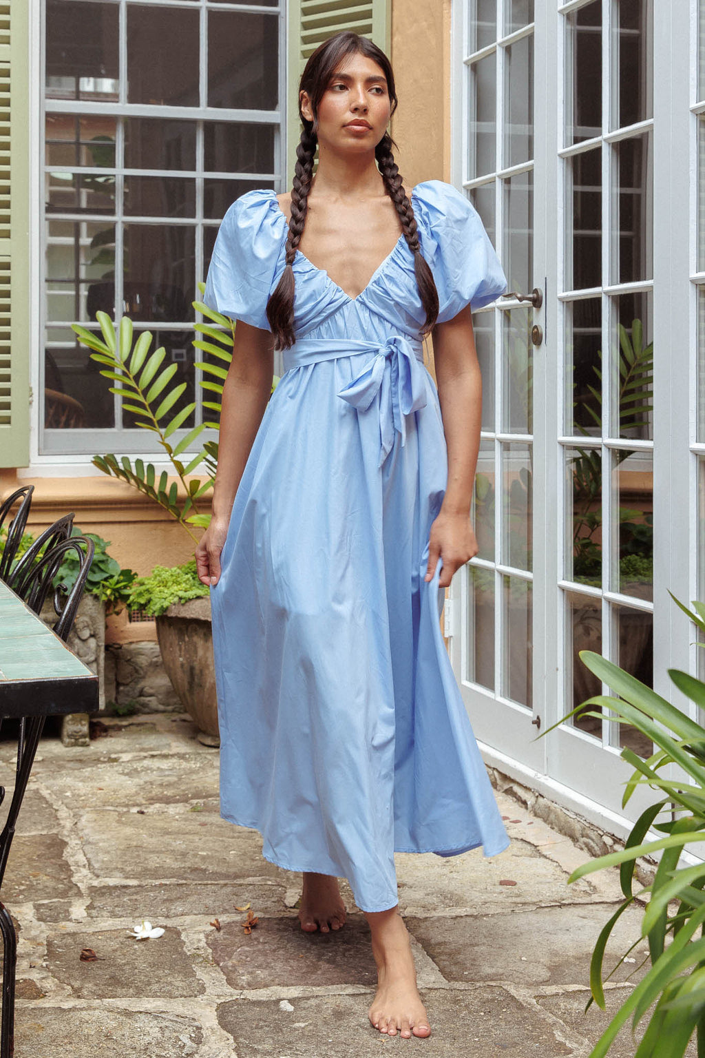 Mayflower Puff Sleeve Waist Tie Midi Dress Blue by Selfie Leslie Australia