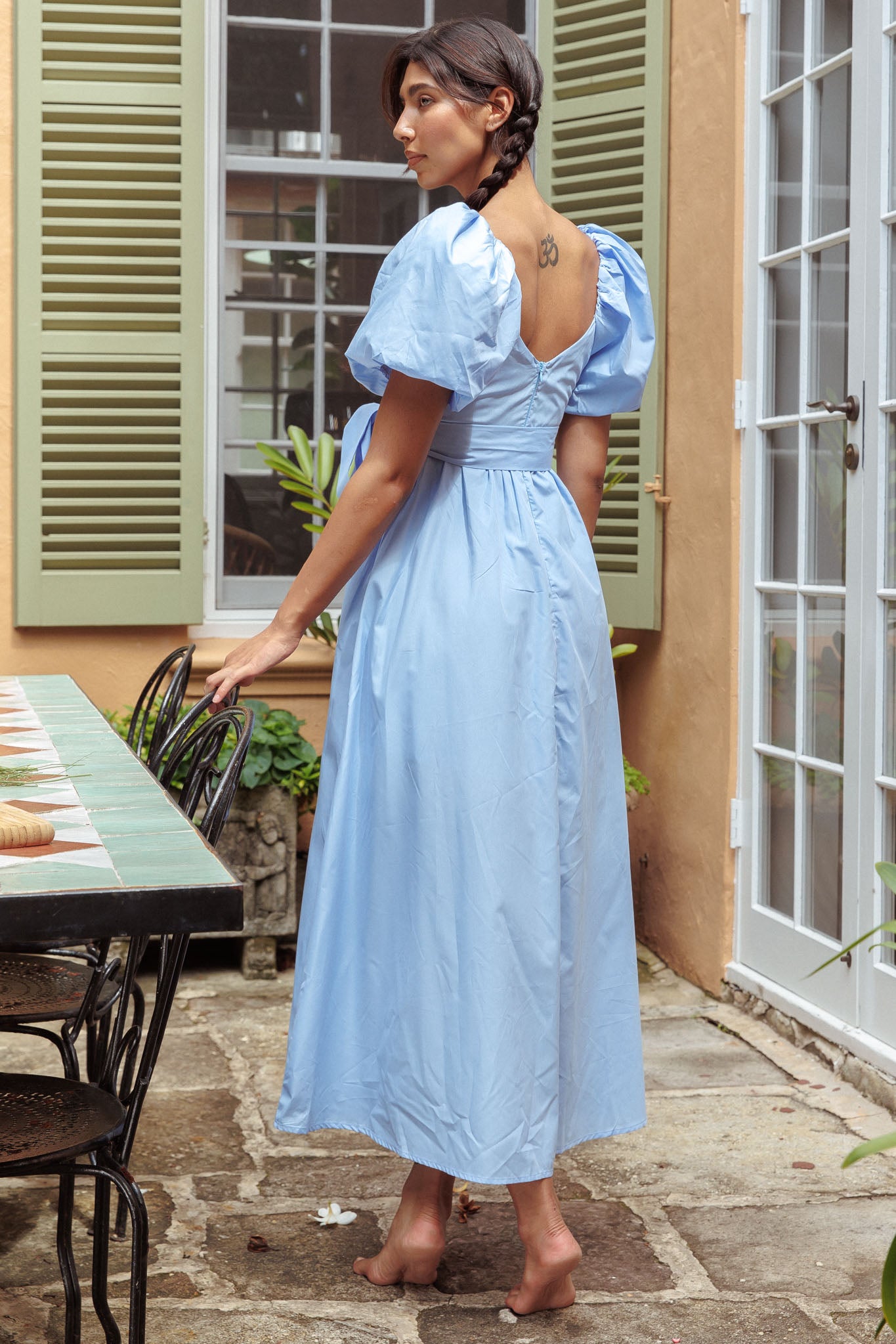 midi dress with sleeves australia Mayflower Puff Sleeve Waist Tie Midi Dress Blue