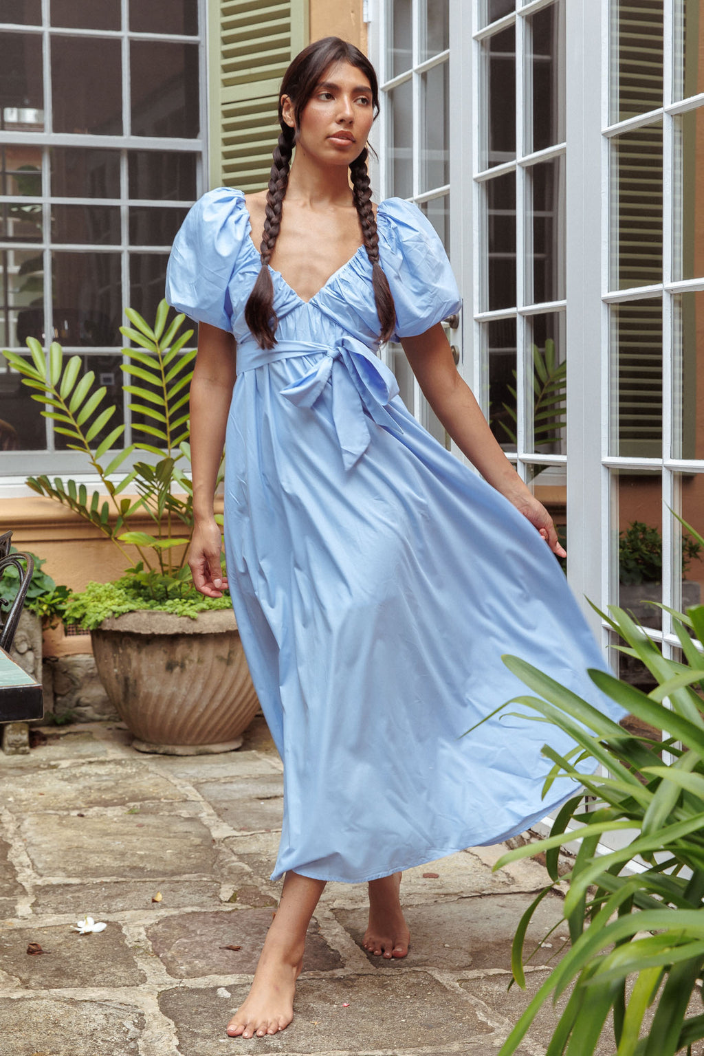 Mayflower Puff Sleeve Waist Tie Midi Dress Blue by Selfie Leslie Australia