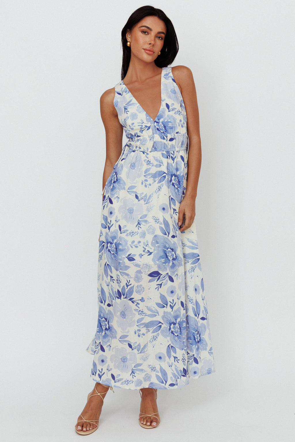 Perla V-Neck Drawstring Maxi Dress Floral Blue by Selfie Leslie Australia