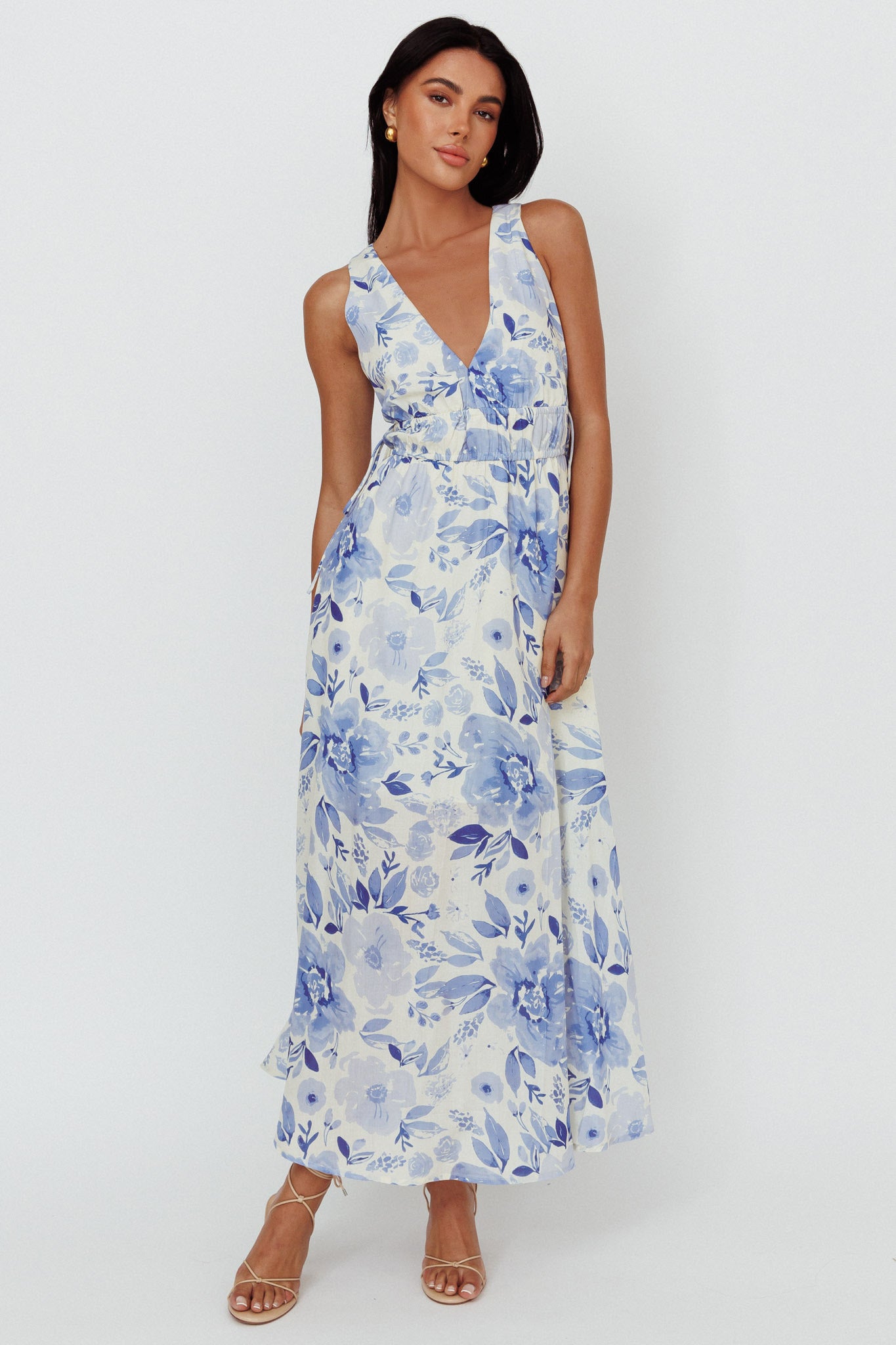 Perla V-Neck Drawstring Maxi Dress Floral Blue by Selfie Leslie Australia
