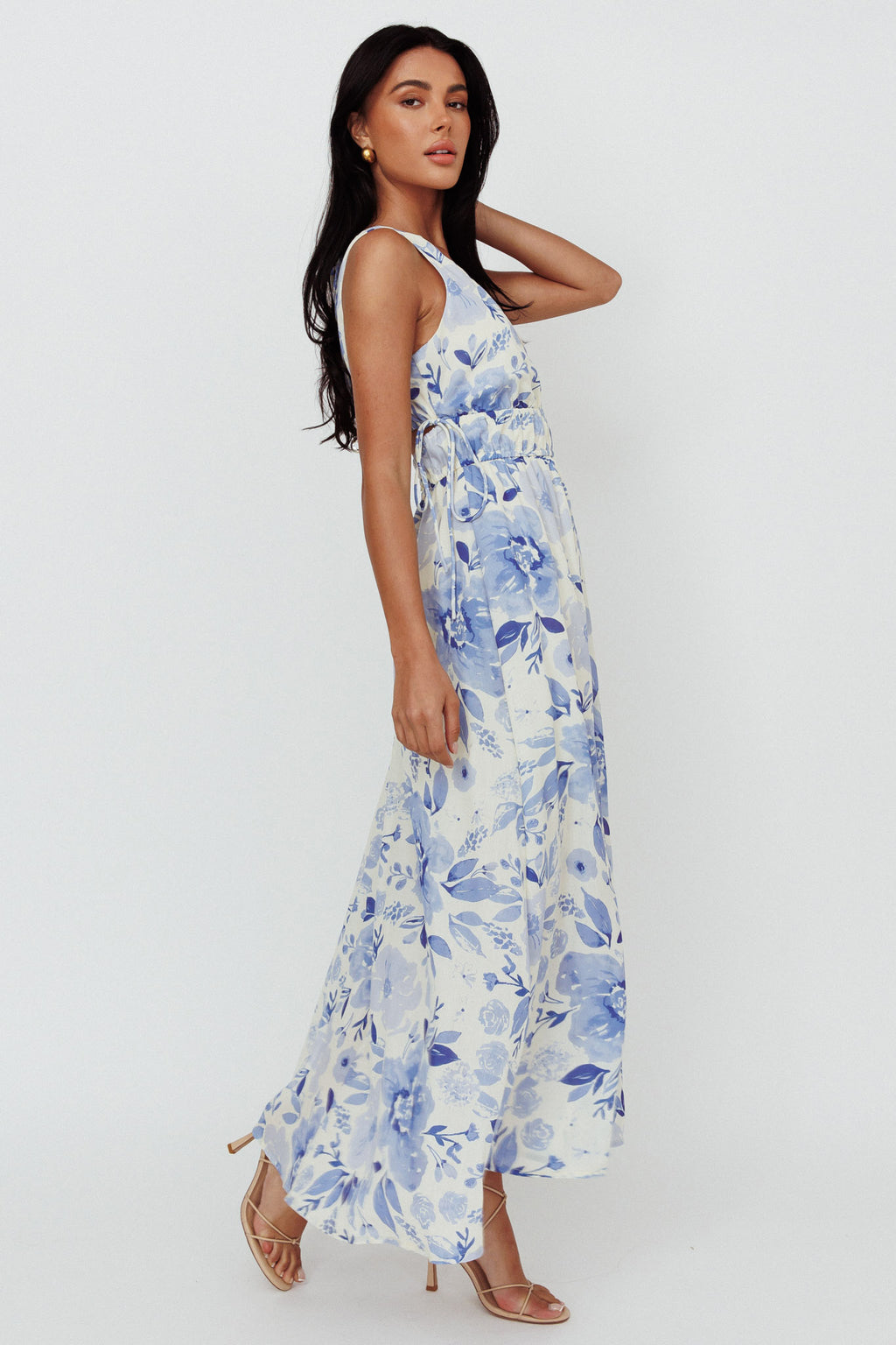 Perla V-Neck Drawstring Maxi Dress Floral Blue by Selfie Leslie Australia