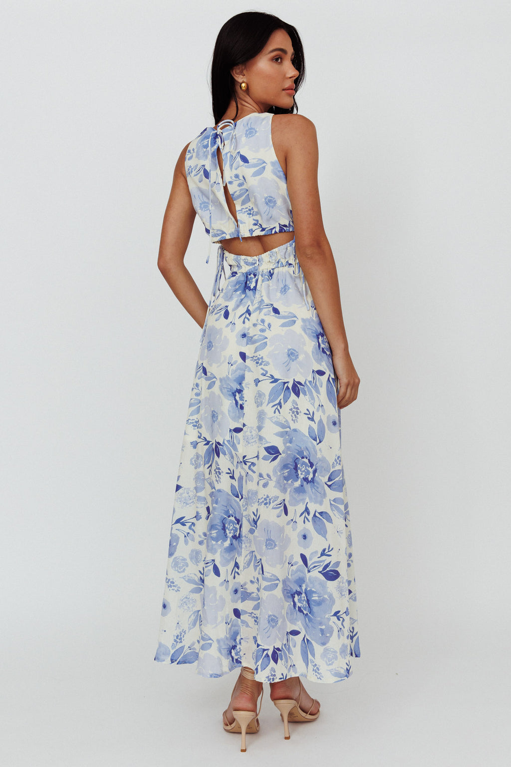 Perla V-Neck Drawstring Maxi Dress Floral Blue by Selfie Leslie Australia