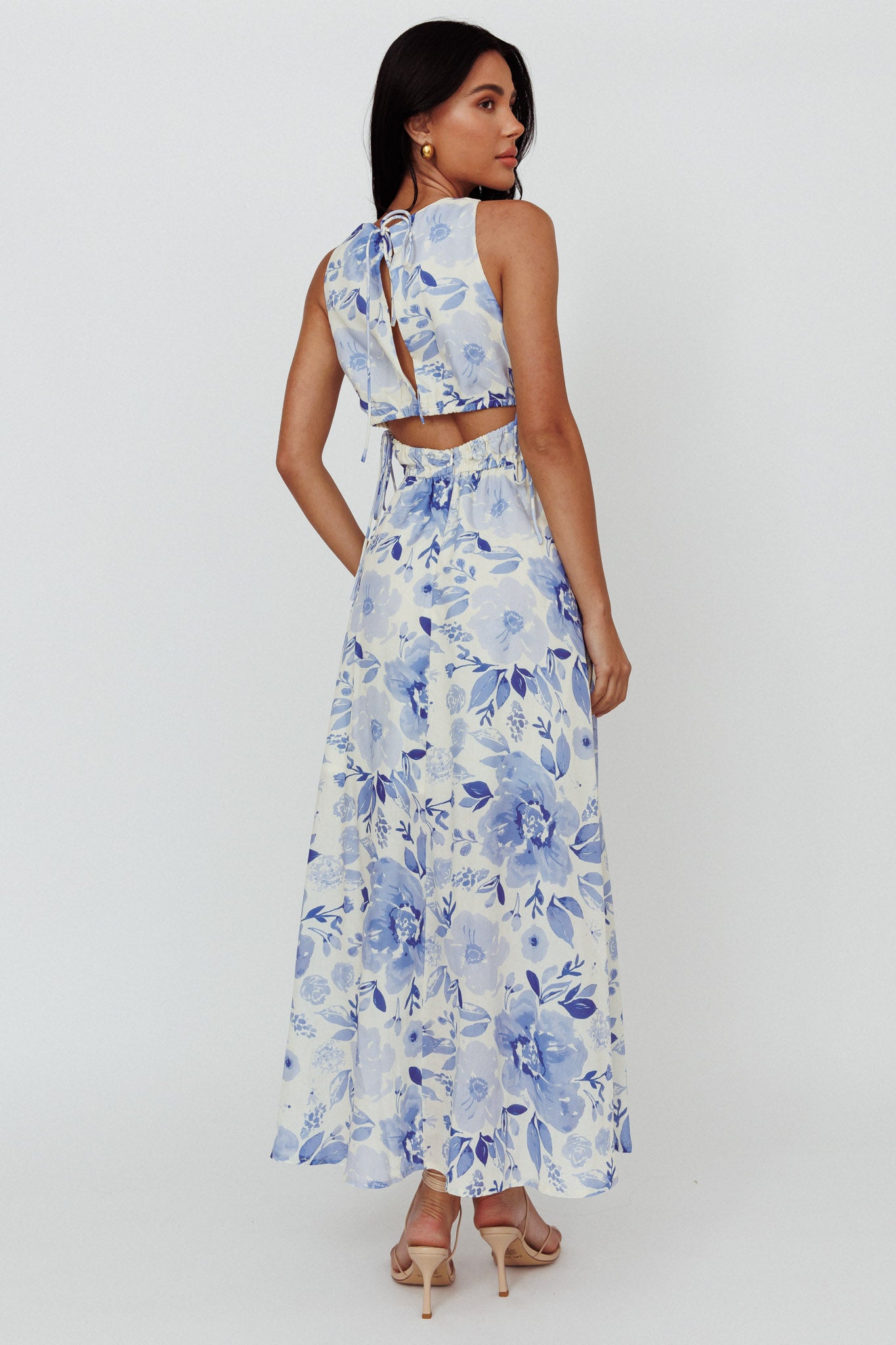 Perla V-Neck Drawstring Maxi Dress Floral Blue by Selfie Leslie Australia