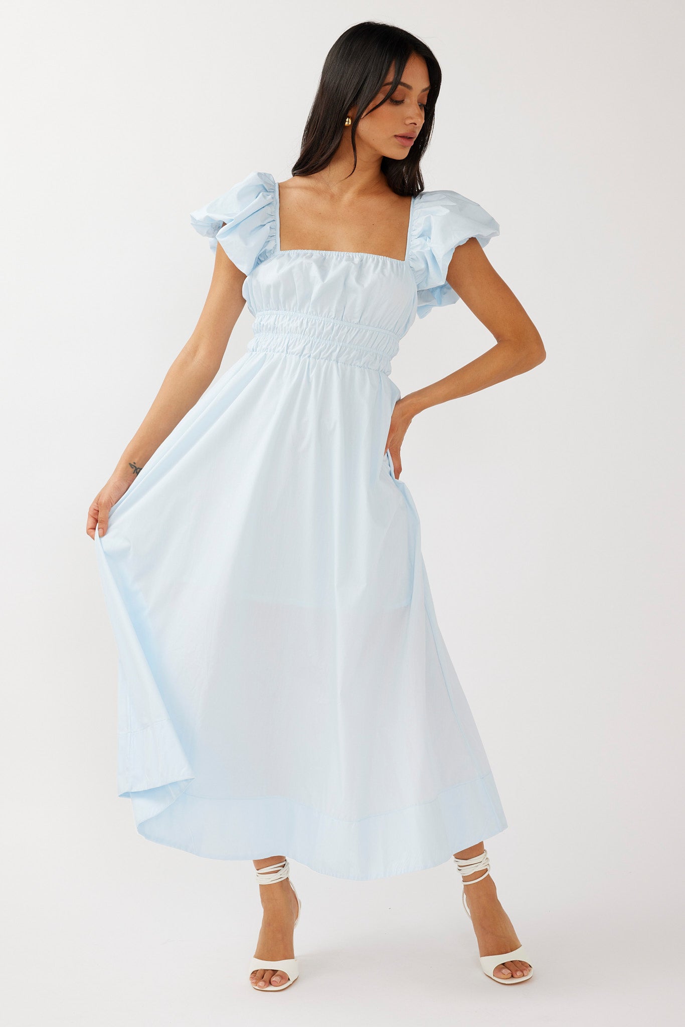Rose Meadow Puffed Sleeve Midi Dress Blue by Selfie Leslie Australia