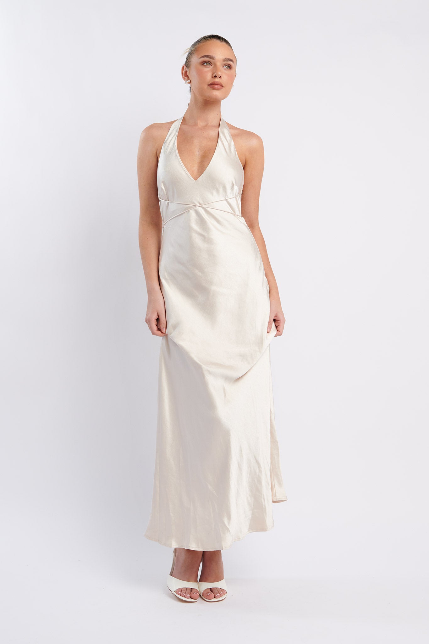 Alenni Halterneck V-Neck Midi Dress Champagne by Selfie Leslie Australia