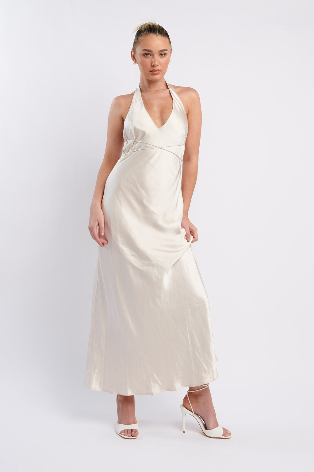 Alenni Halterneck V-Neck Midi Dress Champagne by Selfie Leslie Australia