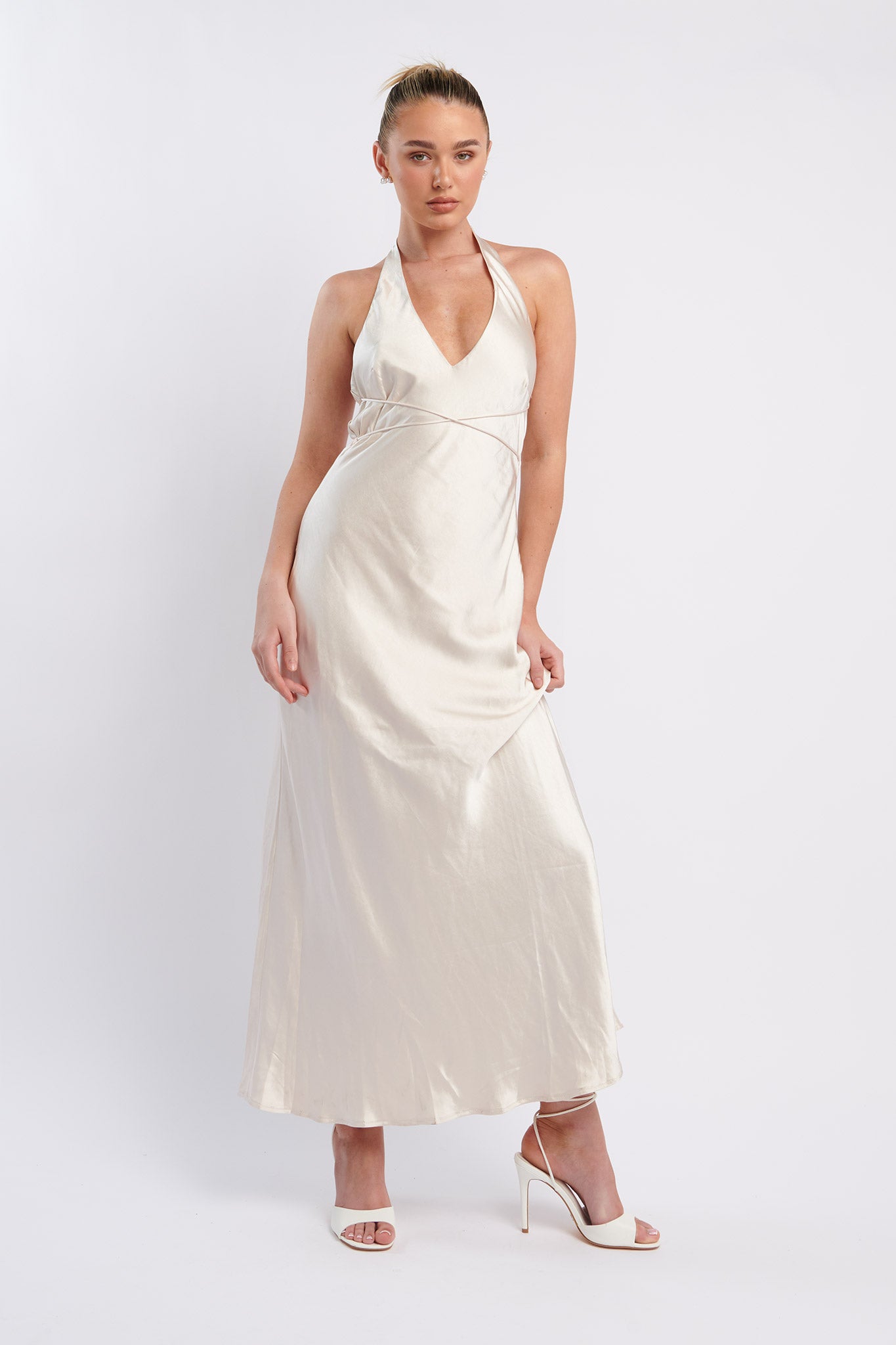 Alenni Halterneck V-Neck Midi Dress Champagne by Selfie Leslie Australia