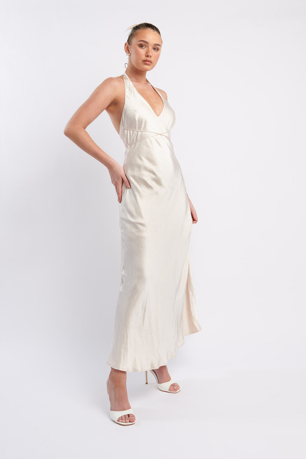 Alenni Halterneck V-Neck Midi Dress Champagne by Selfie Leslie Australia