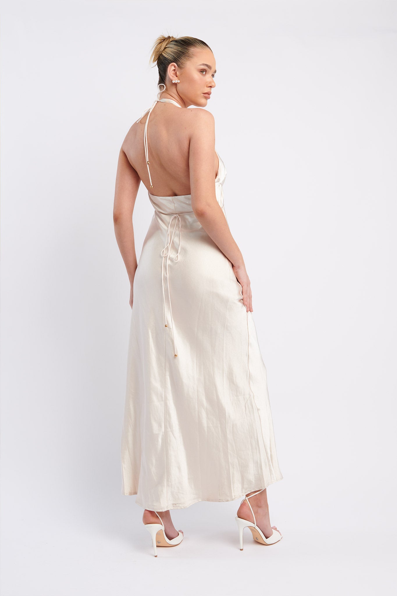 Alenni Halterneck V-Neck Midi Dress Champagne by Selfie Leslie Australia