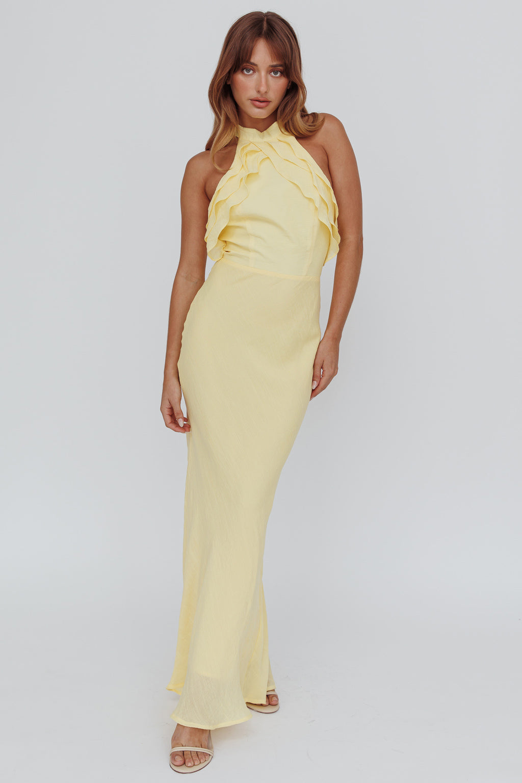 Topaz Skies Halterneck Ruffle Dress Banana by Selfie Leslie Australia