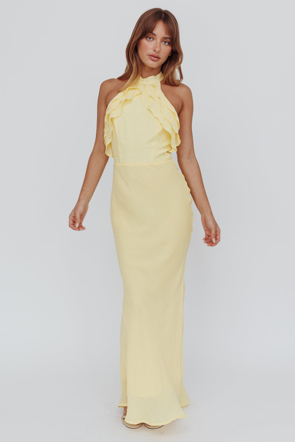 Topaz Skies Halterneck Ruffle Dress Banana by Selfie Leslie Australia