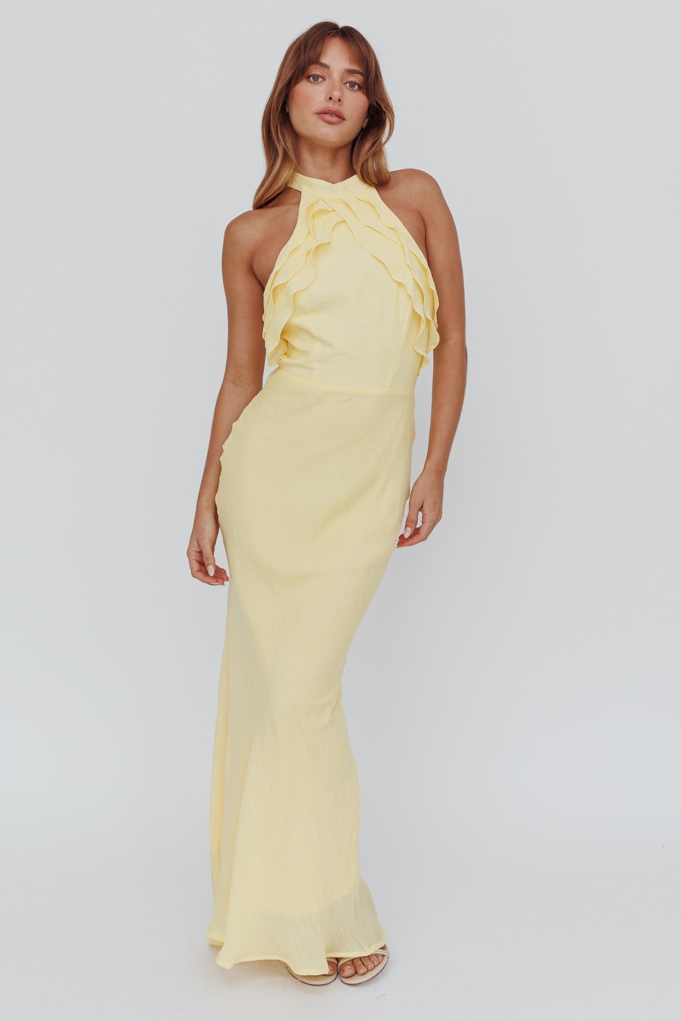 Topaz Skies Halterneck Ruffle Dress Banana by Selfie Leslie Australia