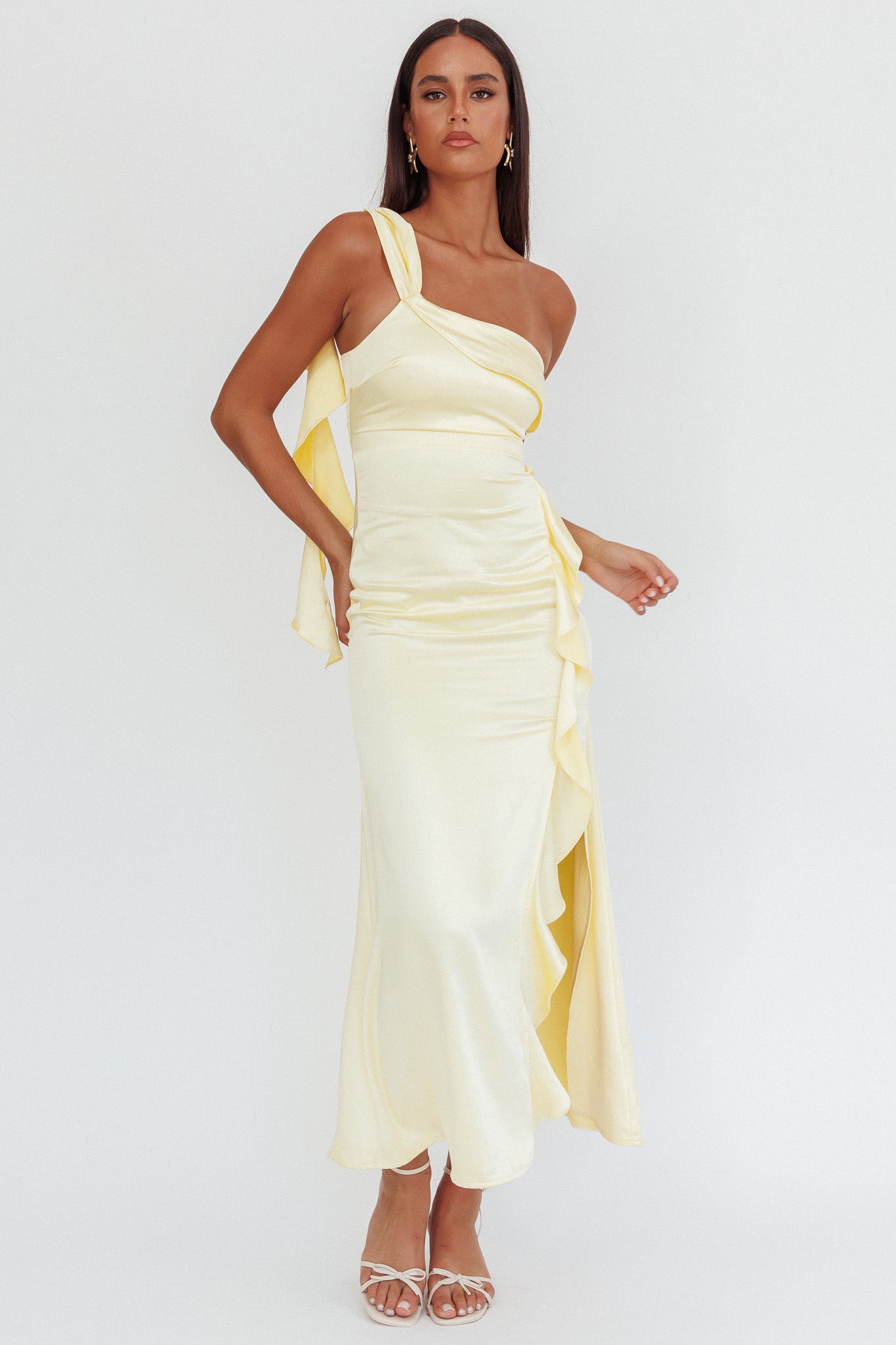 Carmel One-Shoulder Split Maxi Dress Butter by Selfie Leslie Australia