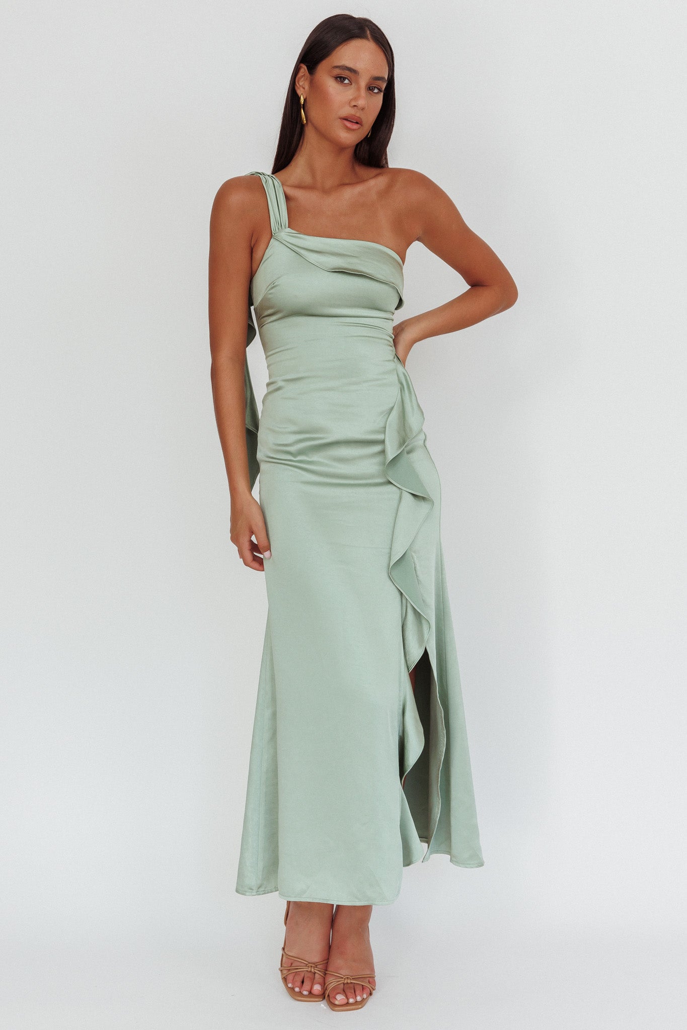 Carmel One-Shoulder Split Maxi Dress Sage by Selfie Leslie Australia