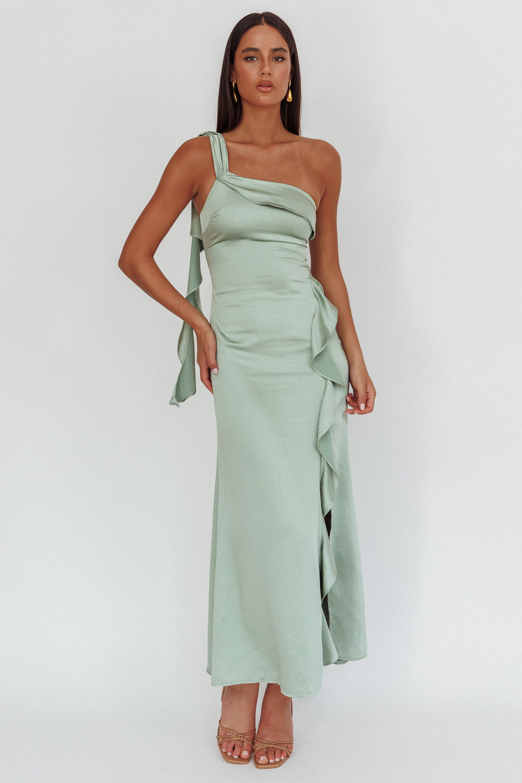 Carmel One-Shoulder Split Maxi Dress Sage by Selfie Leslie Australia