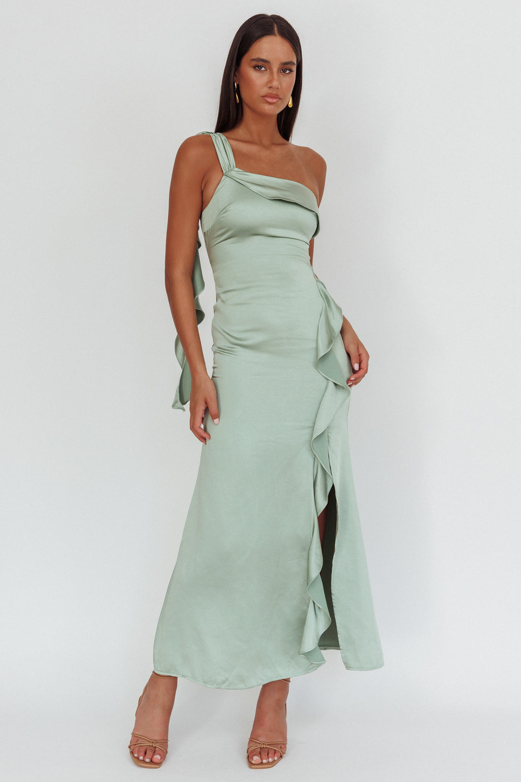 Carmel One-Shoulder Split Maxi Dress Sage by Selfie Leslie Australia