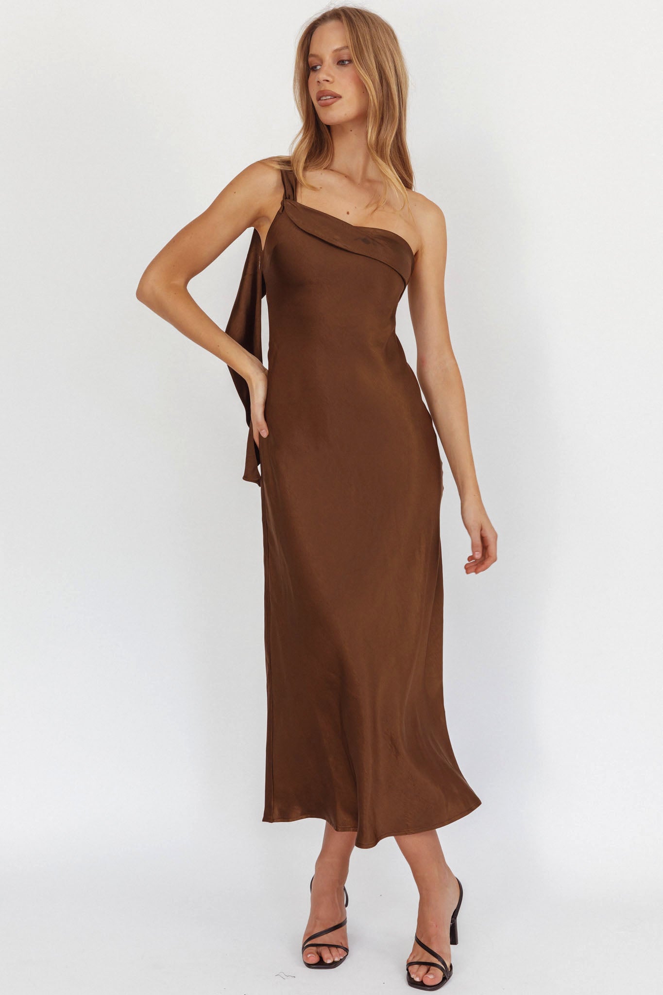 Carmel One-Shoulder Sash Maxi Dress Chocolate by Selfie Leslie Australia