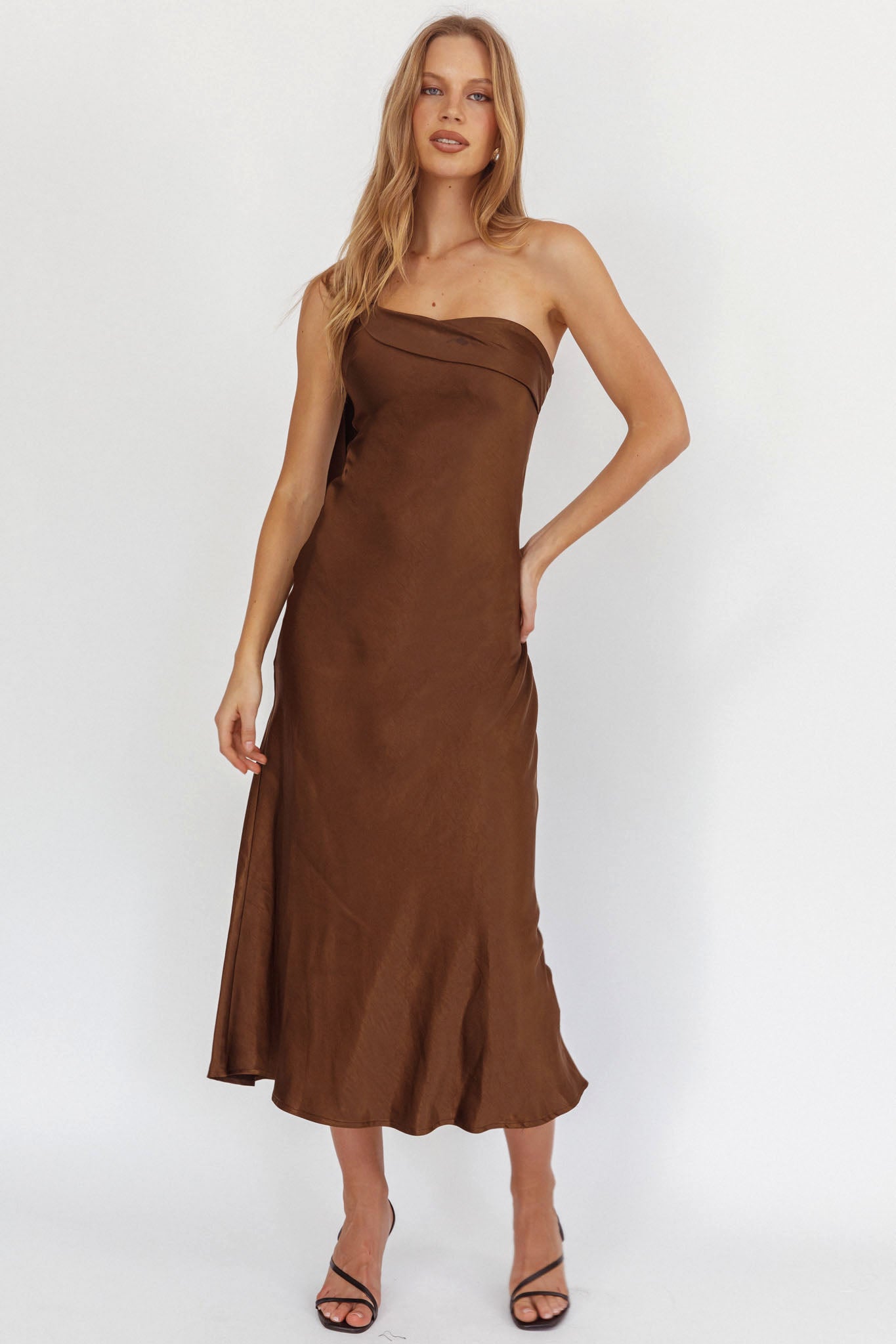 Carmel One-Shoulder Sash Maxi Dress Chocolate by Selfie Leslie Australia