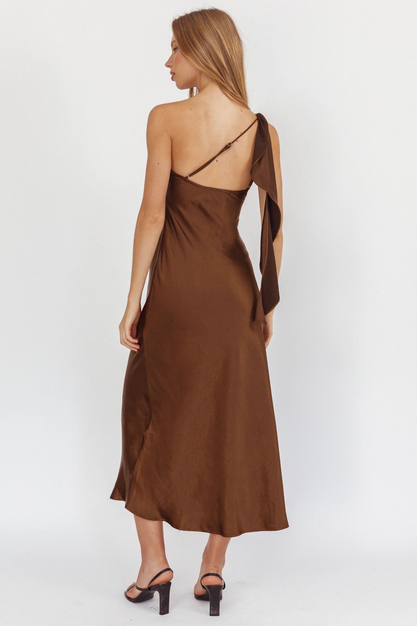 Carmel One-Shoulder Sash Maxi Dress Chocolate by Selfie Leslie Australia