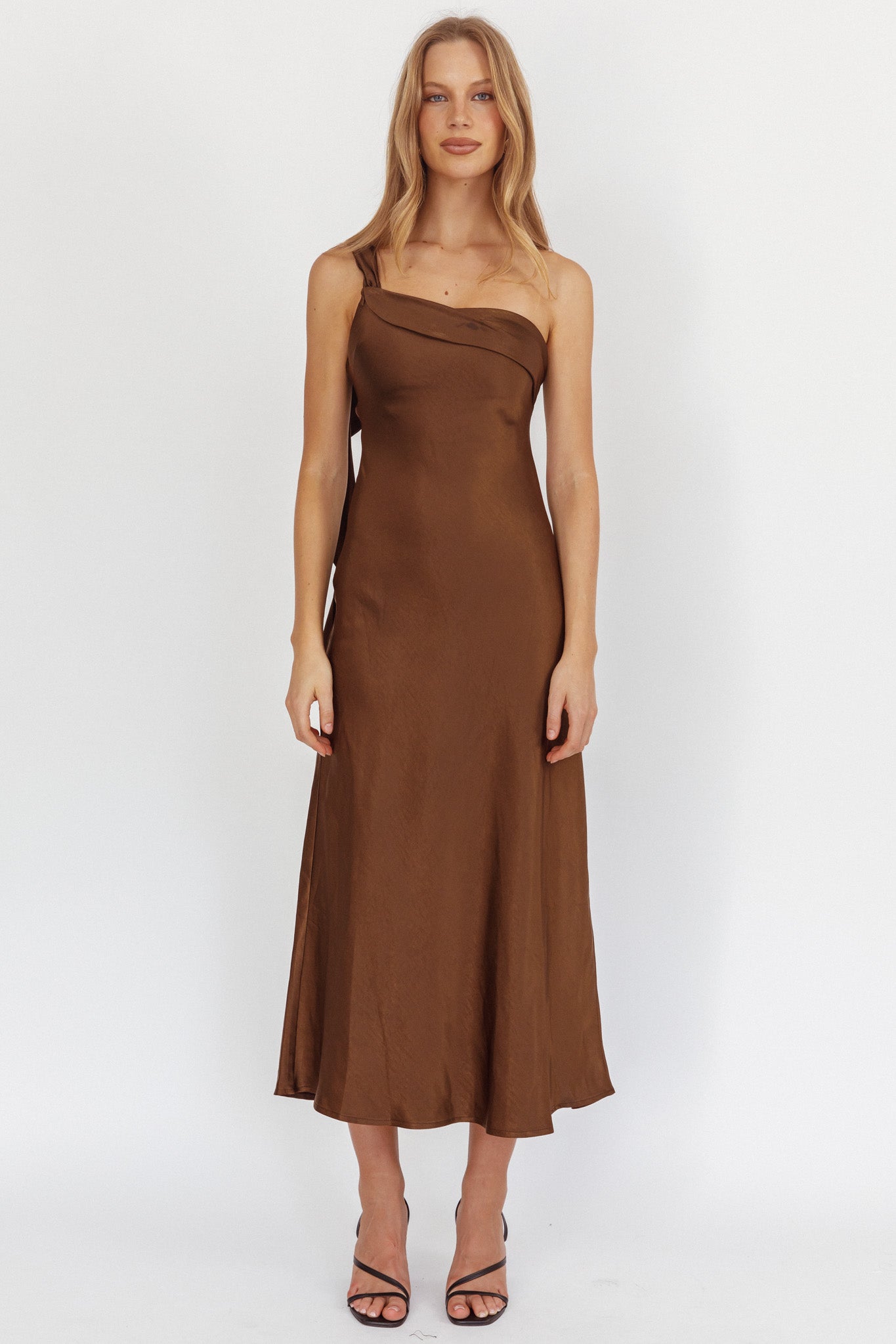 Carmel One-Shoulder Sash Maxi Dress Chocolate by Selfie Leslie Australia