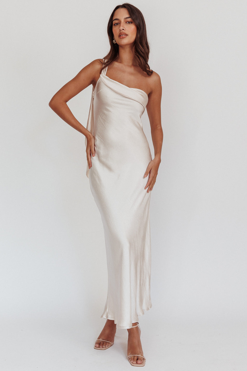 Carmel One-Shoulder Sash Maxi Dress Champagne by Selfie Leslie Australia