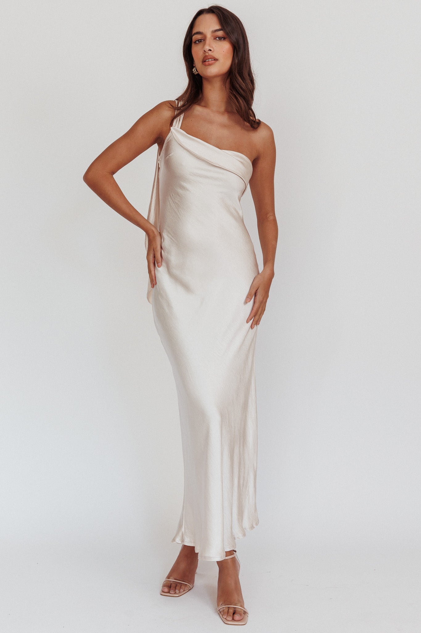 Carmel One-Shoulder Sash Maxi Dress Champagne by Selfie Leslie Australia