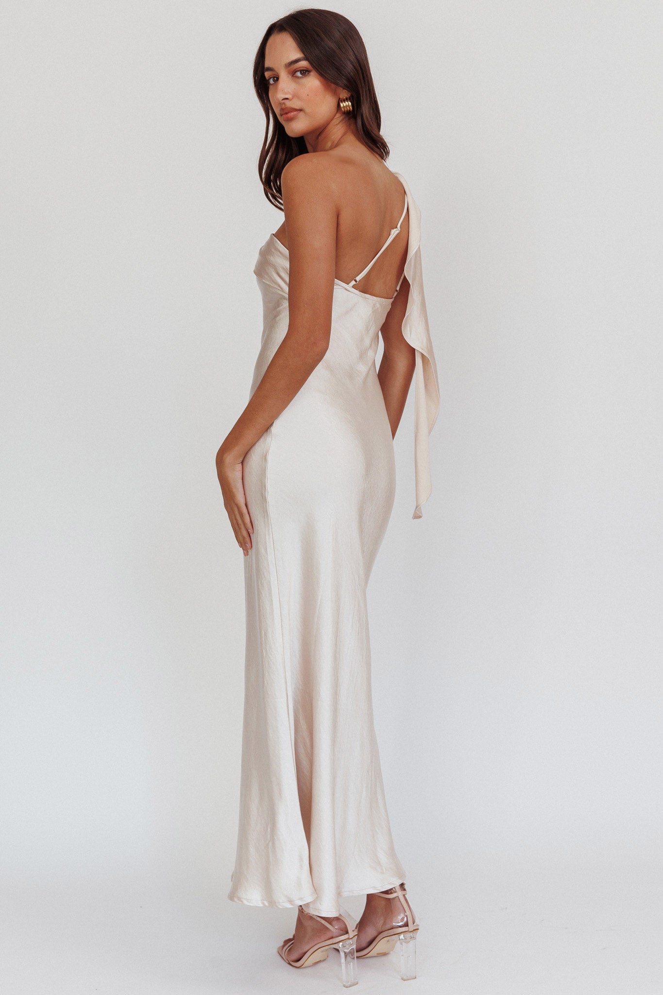 Carmel One-Shoulder Sash Maxi Dress Champagne by Selfie Leslie Australia