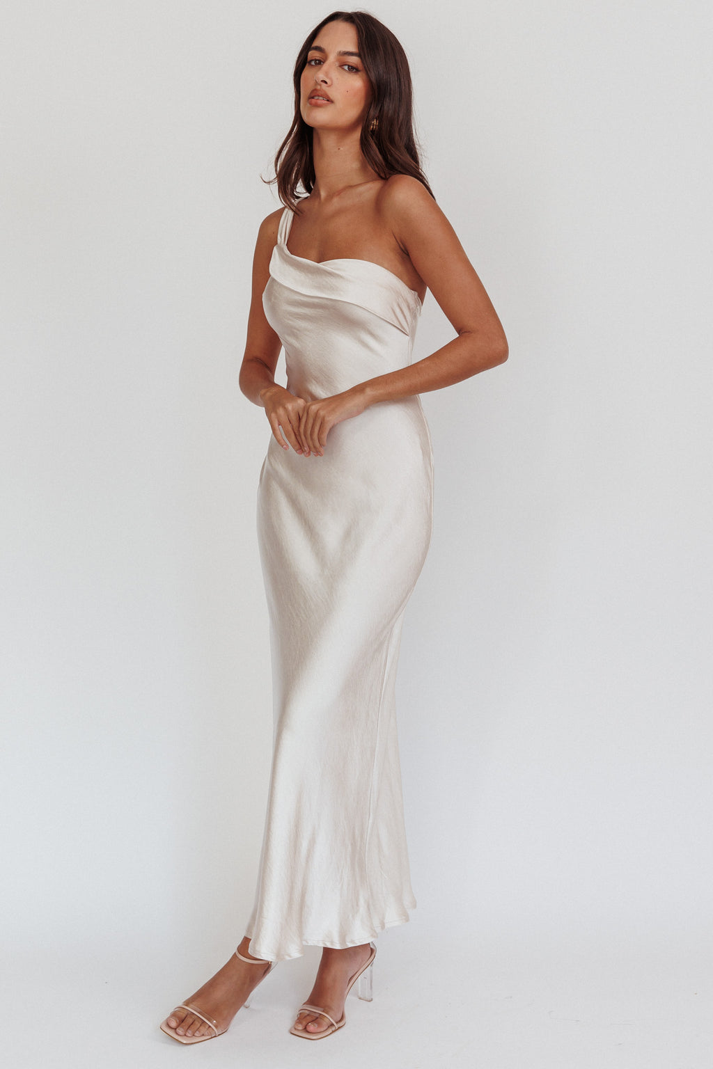 Carmel One-Shoulder Sash Maxi Dress Champagne by Selfie Leslie Australia