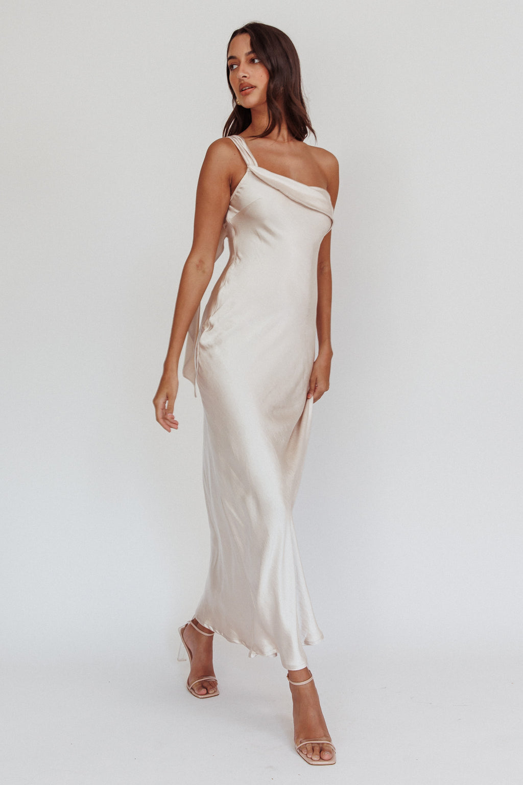 Carmel One-Shoulder Sash Maxi Dress Champagne by Selfie Leslie Australia