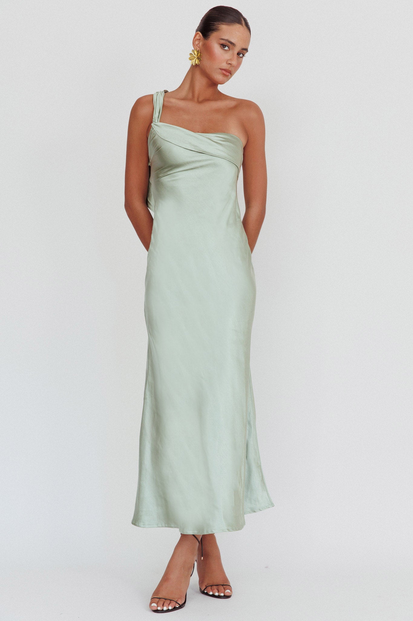 Carmel One-Shoulder Sash Maxi Dress Sage by Selfie Leslie Australia
