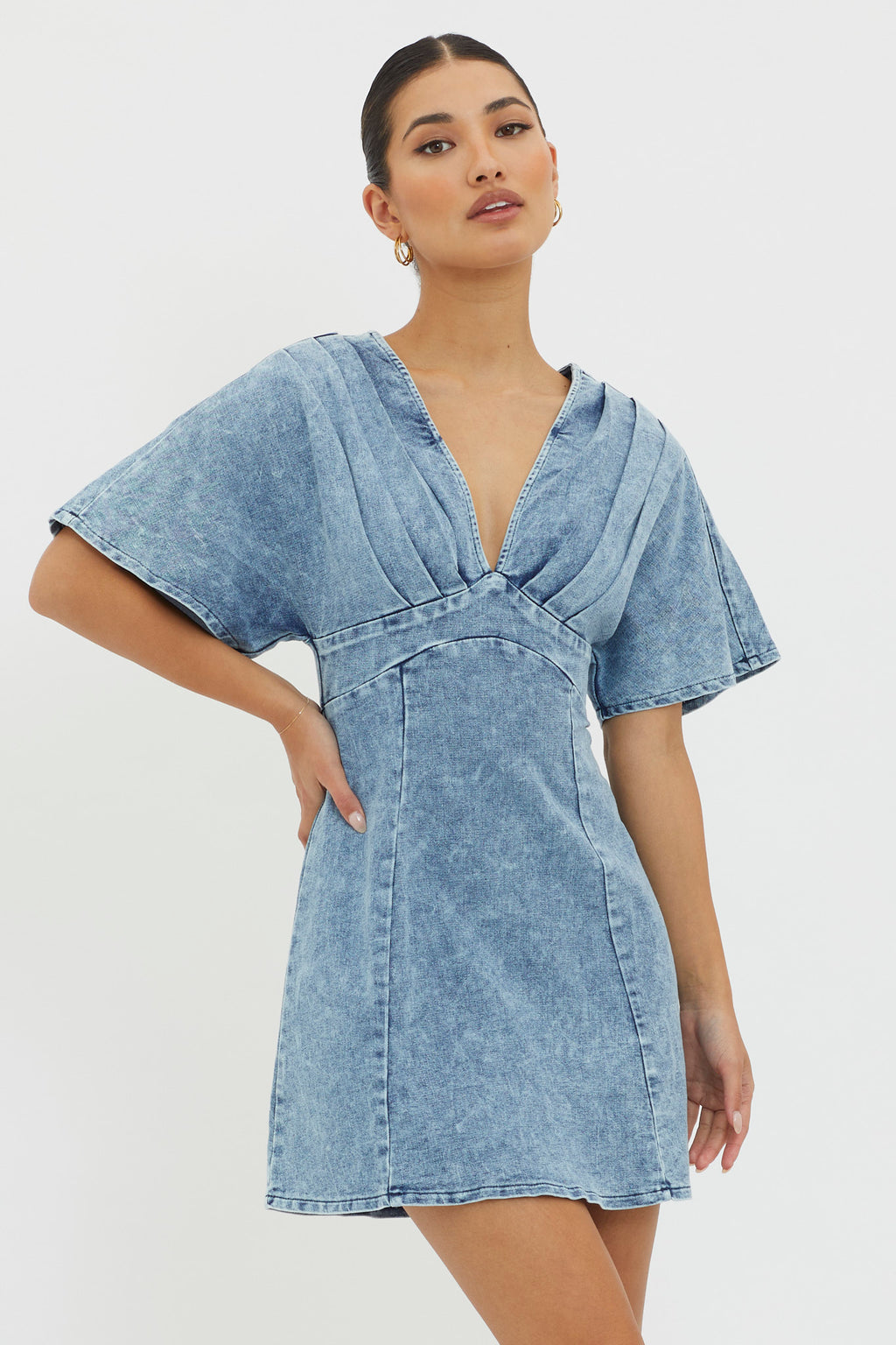 Jessika Pleated Bust Mini Dress Denim Blue by Selfie Leslie Australia
