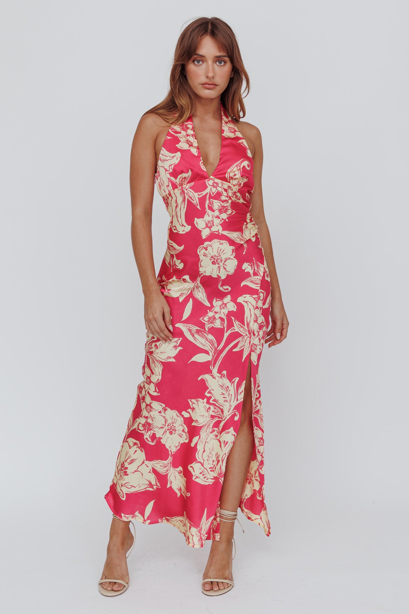 Brighter Days Halterneck Split Midi Dress Fuchsia by Selfie Leslie Australia