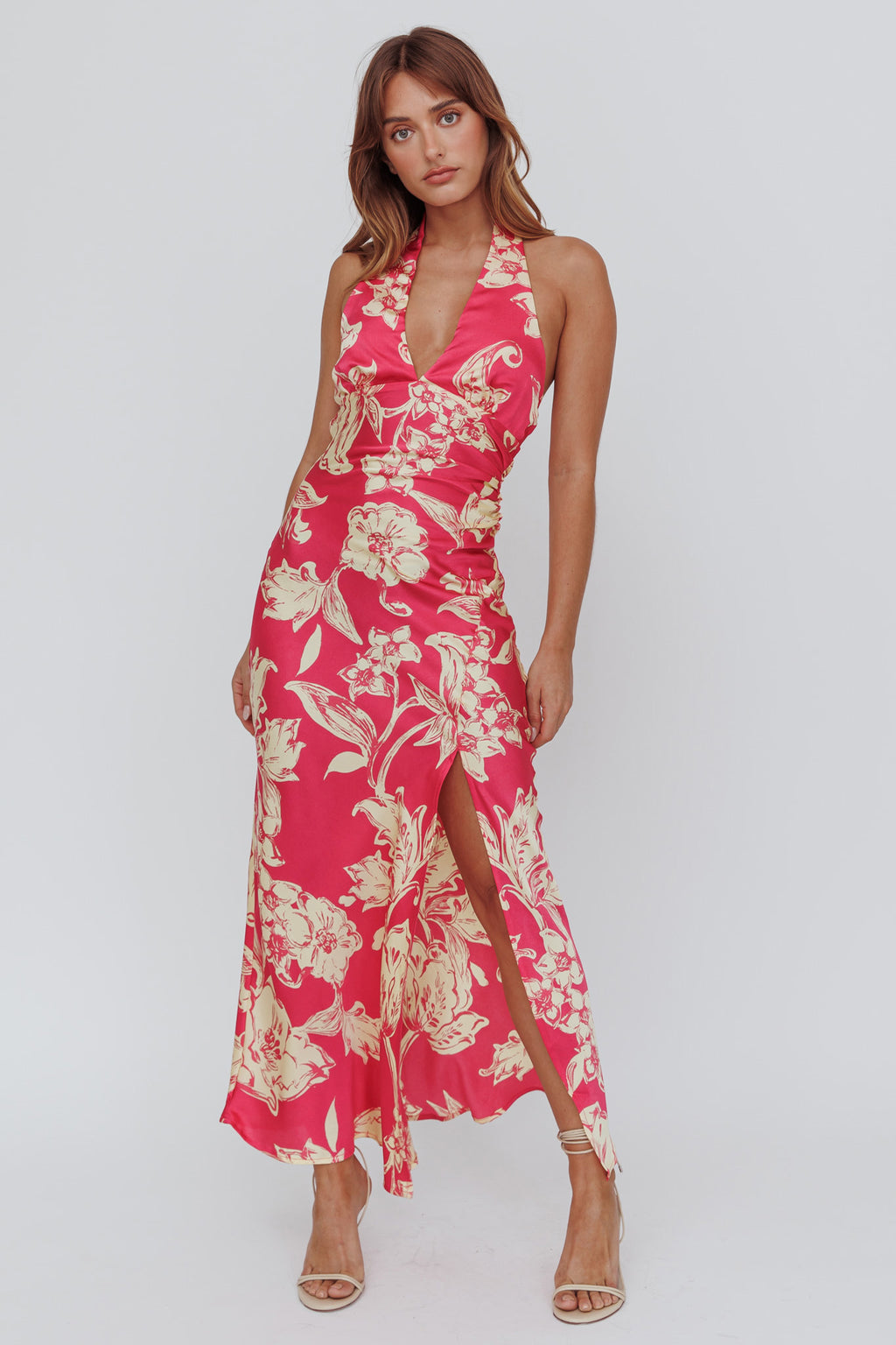 Brighter Days Halterneck Split Midi Dress Fuchsia by Selfie Leslie Australia
