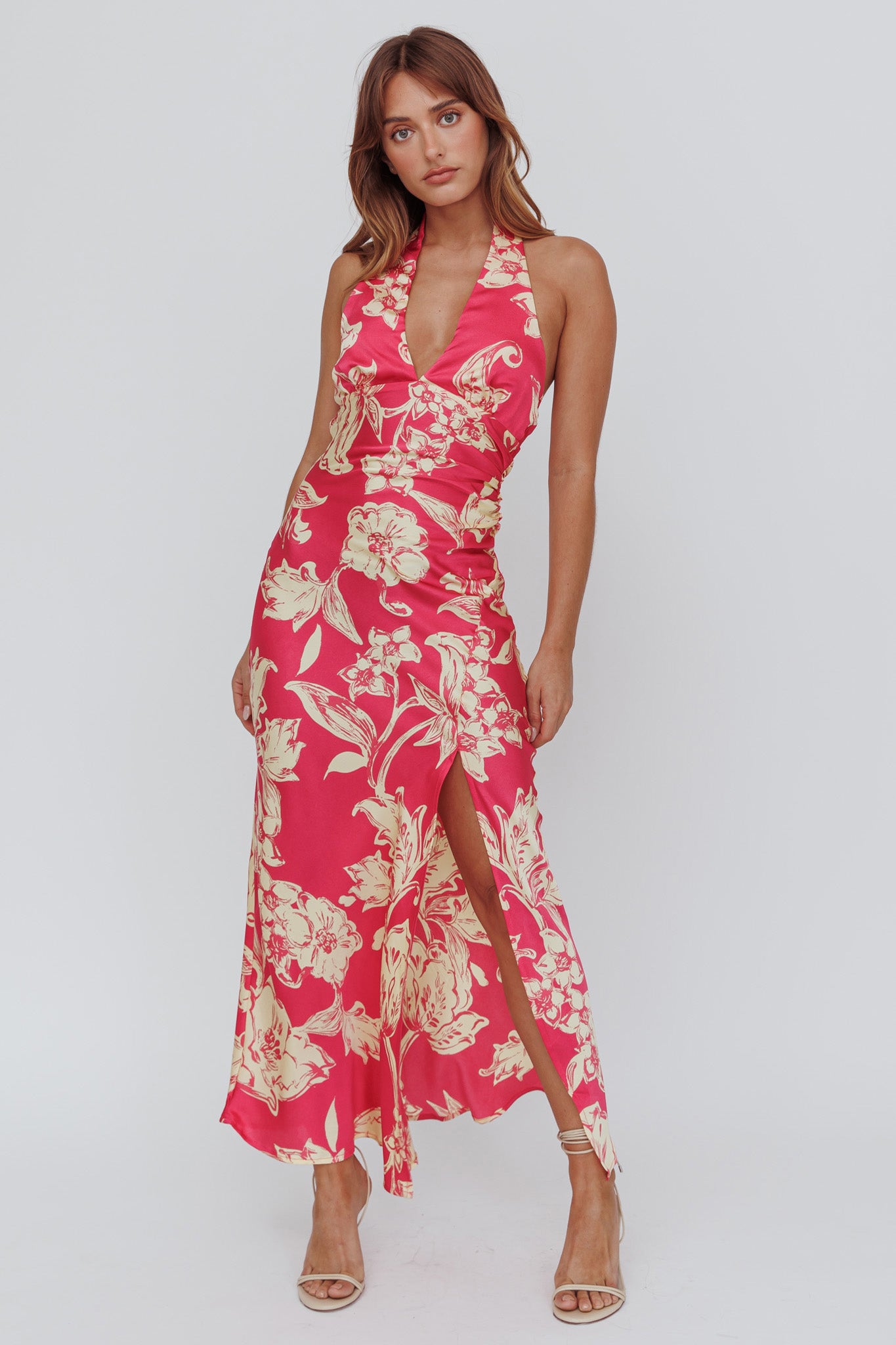 Brighter Days Halterneck Split Midi Dress Fuchsia by Selfie Leslie Australia